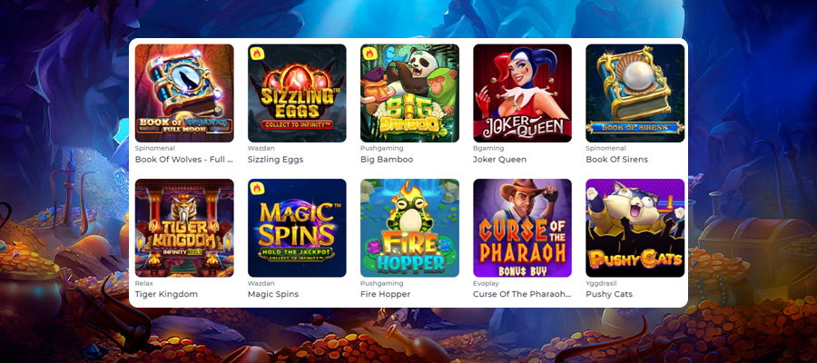 En dataskjerm som viser en rekke populære Yoju Casino-spill.